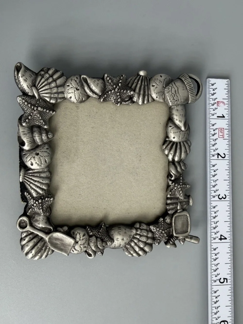Pewter Beach Coastal Photo Frame 3 x 3 Seashell Starfish Snorkel Bucket Glass